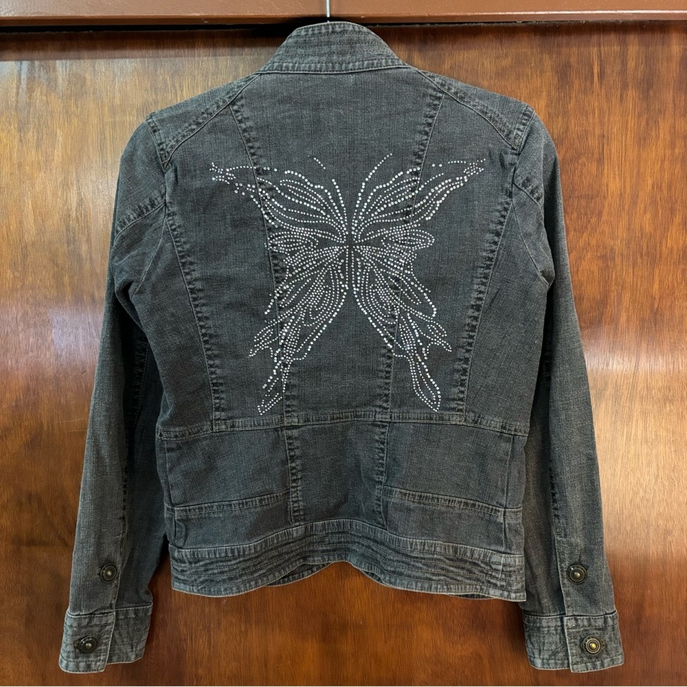 Nie + Zoe Denim Butterfly Rhinestone Grey Silver Jacket size S